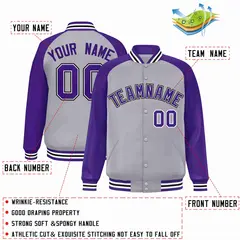 Gray Purple-White Raglan Varsity Full-Snap Letterman Jacket 2