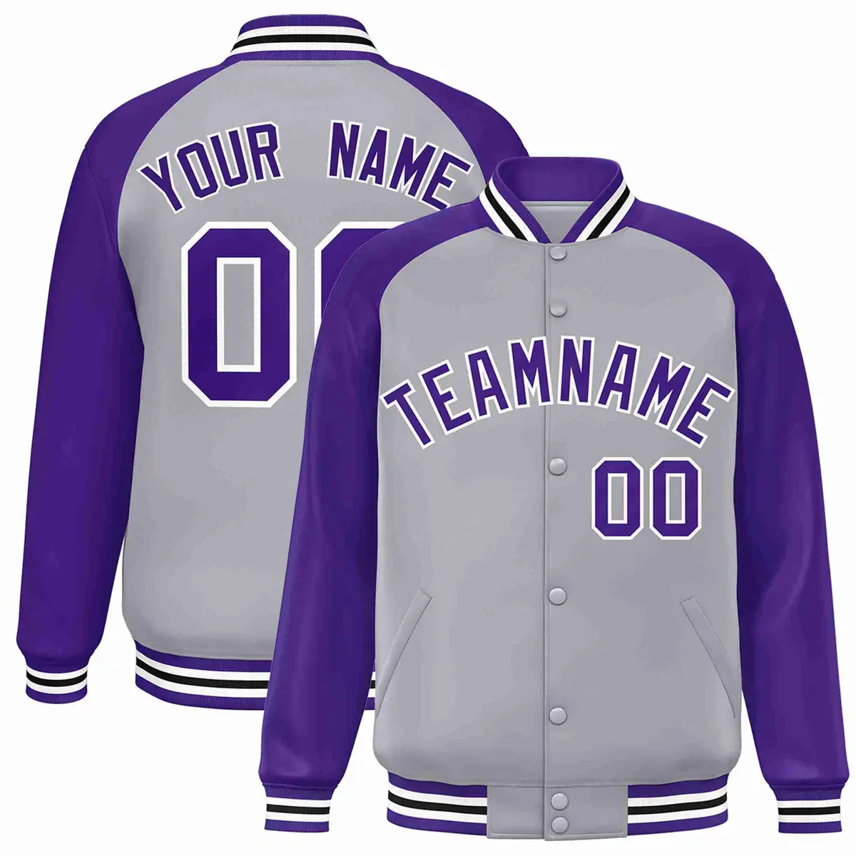 Gray Purple-White Raglan Varsity Full-Snap Letterman Jacket