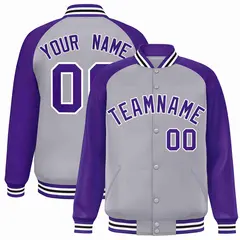 Gray Purple-White Raglan Varsity Full-Snap Letterman Jacket