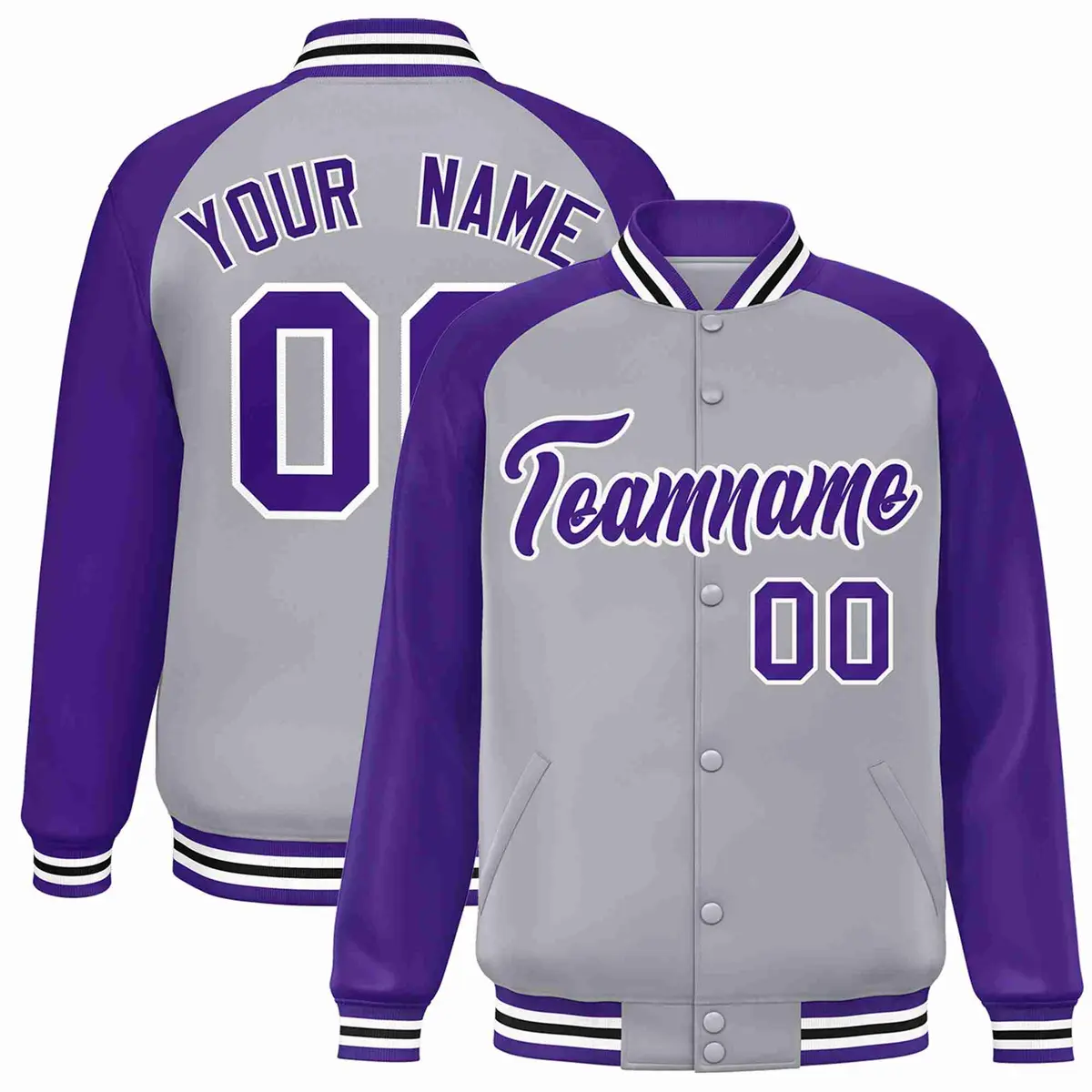 Gray Purple-White Raglan Varsity Full-Snap Letterman Jacket