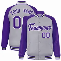 Gray Purple-White Raglan Varsity Full-Snap Letterman Jacket