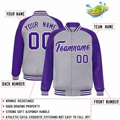 Gray Purple-White Raglan Varsity Full-Snap Letterman Jacket 2