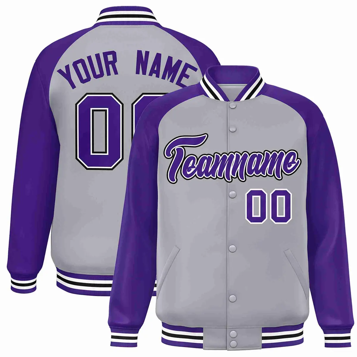 Gray Purple-White Raglan Varsity Full-Snap Letterman Jacket