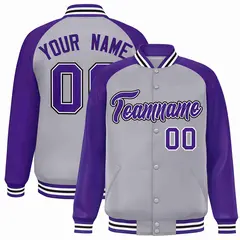 Gray Purple-White Raglan Varsity Full-Snap Letterman Jacket