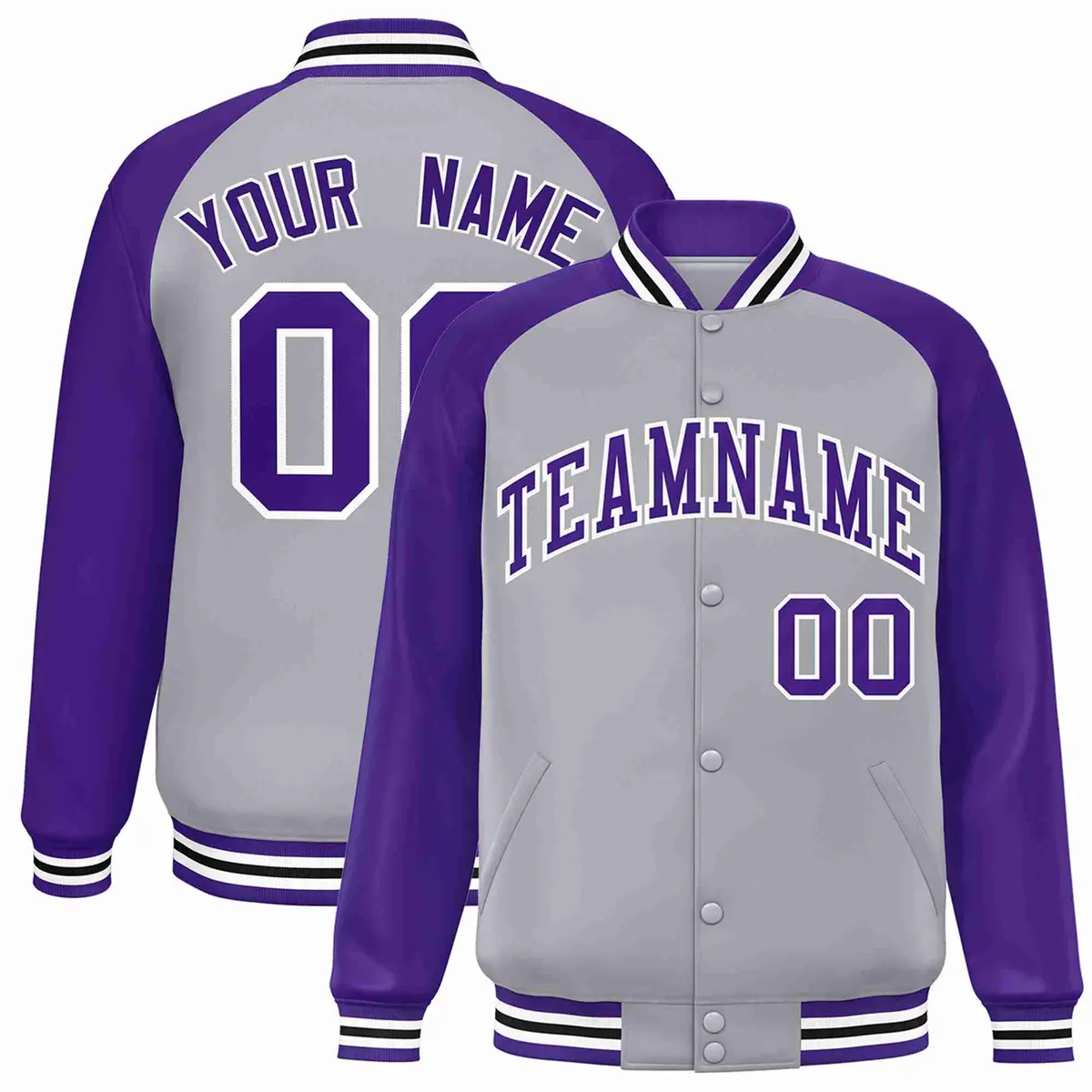 Gray Purple-White Raglan Varsity Full-Snap Letterman Jacket
