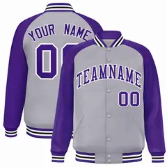 Gray Purple-White Raglan Varsity Full-Snap Letterman Jacket