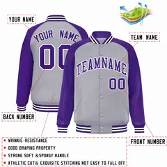 Gray Purple-White Raglan Varsity Full-Snap Letterman Jacket 2