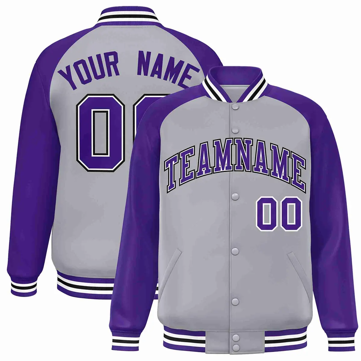 Gray Purple-White Raglan Varsity Full-Snap Letterman Jacket