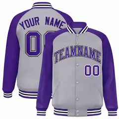 Gray Purple-White Raglan Varsity Full-Snap Letterman Jacket