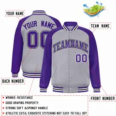 Gray Purple-White Raglan Varsity Full-Snap Letterman Jacket 2