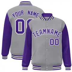 Gray Purple-White Raglan Varsity Full-Snap Letterman Jacket
