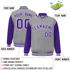 Gray Purple-White Raglan Varsity Full-Snap Letterman Jacket 2
