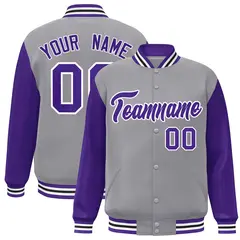 Gray Purple-White Raglan Varsity Full-Snap Letterman Jacket
