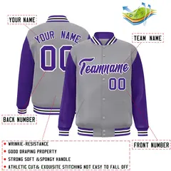 Gray Purple-White Raglan Varsity Full-Snap Letterman Jacket 2