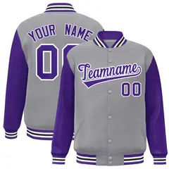 Gray Purple-White Raglan Varsity Full-Snap Letterman Jacket