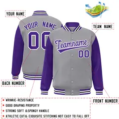 Gray Purple-White Raglan Varsity Full-Snap Letterman Jacket 2