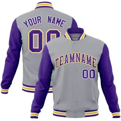 Gray Purple-White Raglan Varsity Full-Snap Letterman Jacket 1