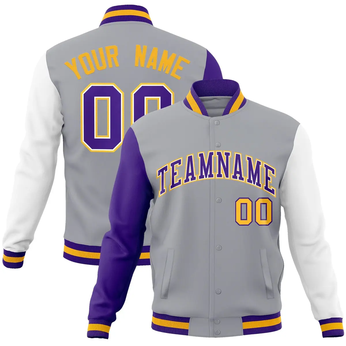 Gray Purple-White Raglan Varsity Full-Snap Letterman Jacket