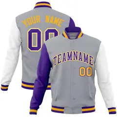 Gray Purple-White Raglan Varsity Full-Snap Letterman Jacket 1
