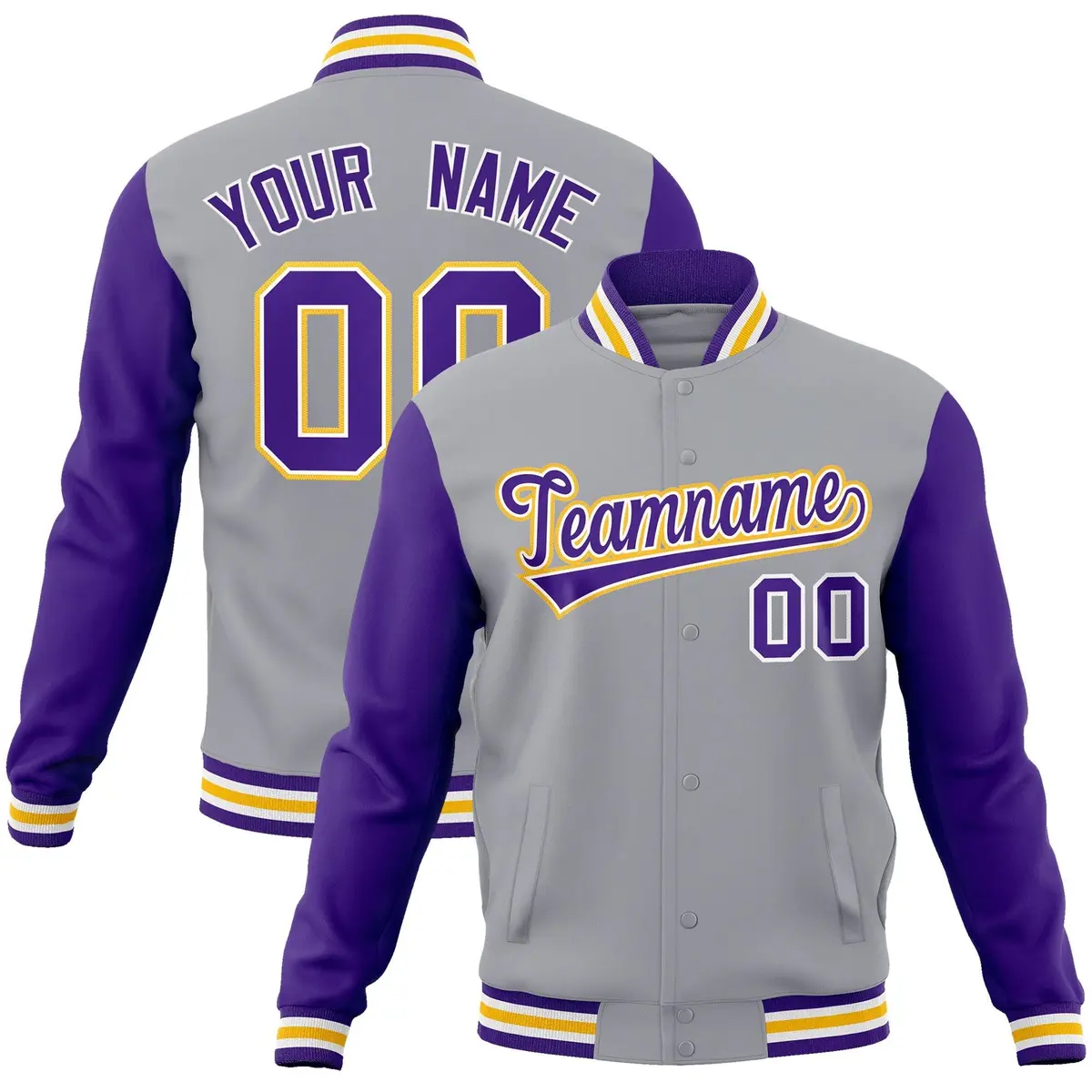 Gray Purple-White Raglan Varsity Full-Snap Letterman Jacket
