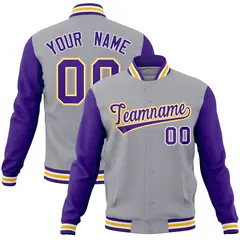 Gray Purple-White Raglan Varsity Full-Snap Letterman Jacket