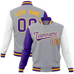 Gray Purple-White Raglan Varsity Full-Snap Letterman Jacket 1