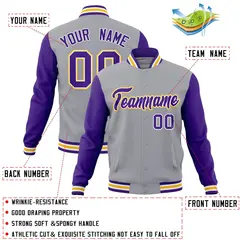 Gray Purple-White Raglan Varsity Full-Snap Letterman Jacket 4