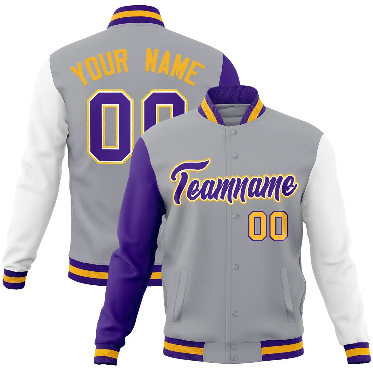 Gray Purple-White Raglan Varsity Full-Snap Letterman Jacket