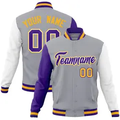 Gray Purple-White Raglan Varsity Full-Snap Letterman Jacket