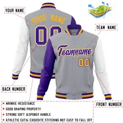 Gray Purple-White Raglan Varsity Full-Snap Letterman Jacket 4