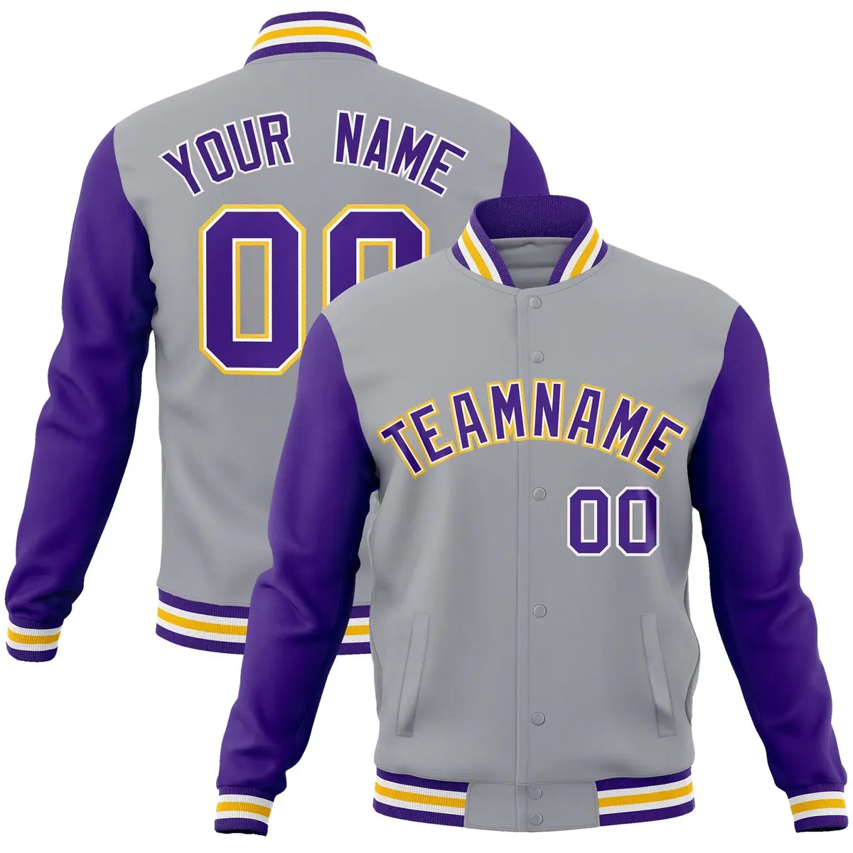 Gray Purple-White Raglan Varsity Full-Snap Letterman Jacket