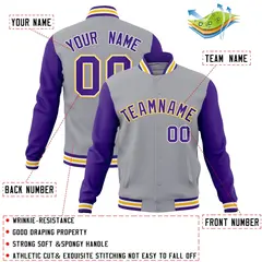 Gray Purple-White Raglan Varsity Full-Snap Letterman Jacket 4