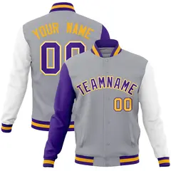 Gray Purple-White Raglan Varsity Full-Snap Letterman Jacket