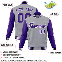 Gray Purple-White Raglan Varsity Full-Snap Letterman Jacket 4