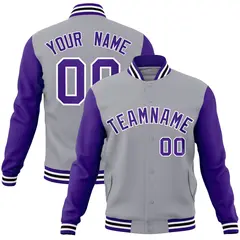 Gray Purple-White Raglan Varsity Full-Snap Letterman Jacket
