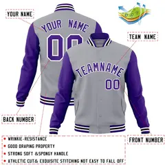 Gray Purple-White Raglan Varsity Full-Snap Letterman Jacket 4
