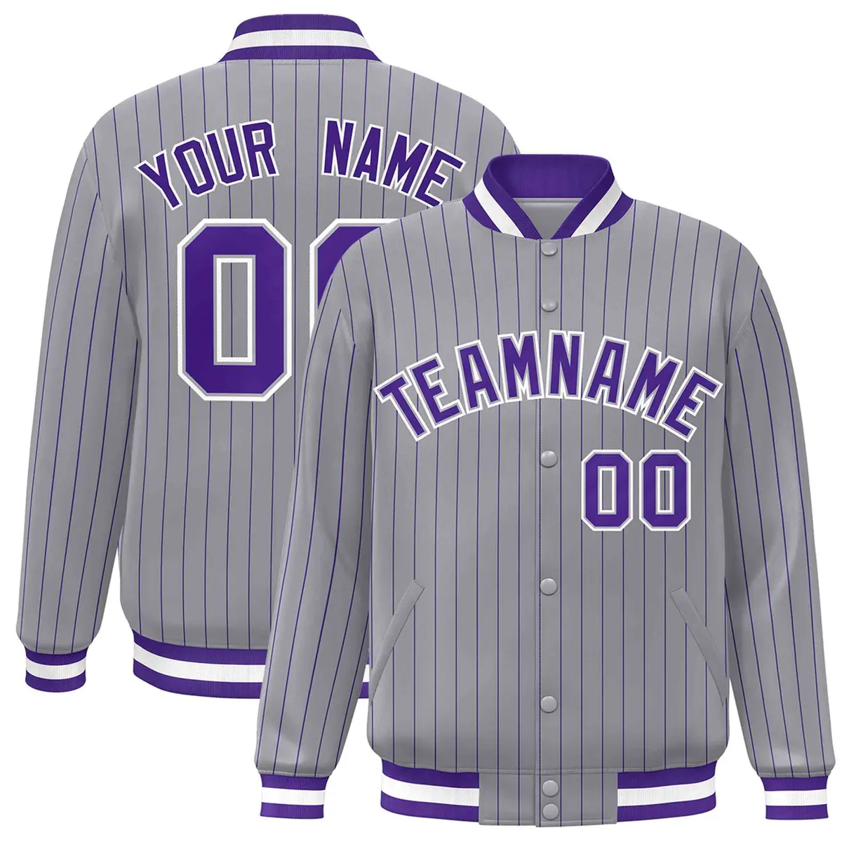 Gray Purple-White Stripe Letterman Bomber Varsity Jacket