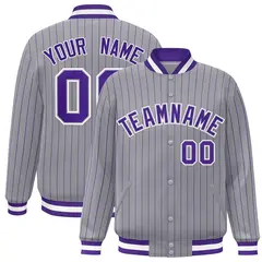 Gray Purple-White Stripe Letterman Bomber Varsity Jacket