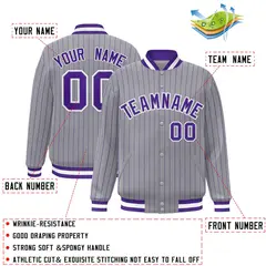 Gray Purple-White Stripe Letterman Bomber Varsity Jacket 2