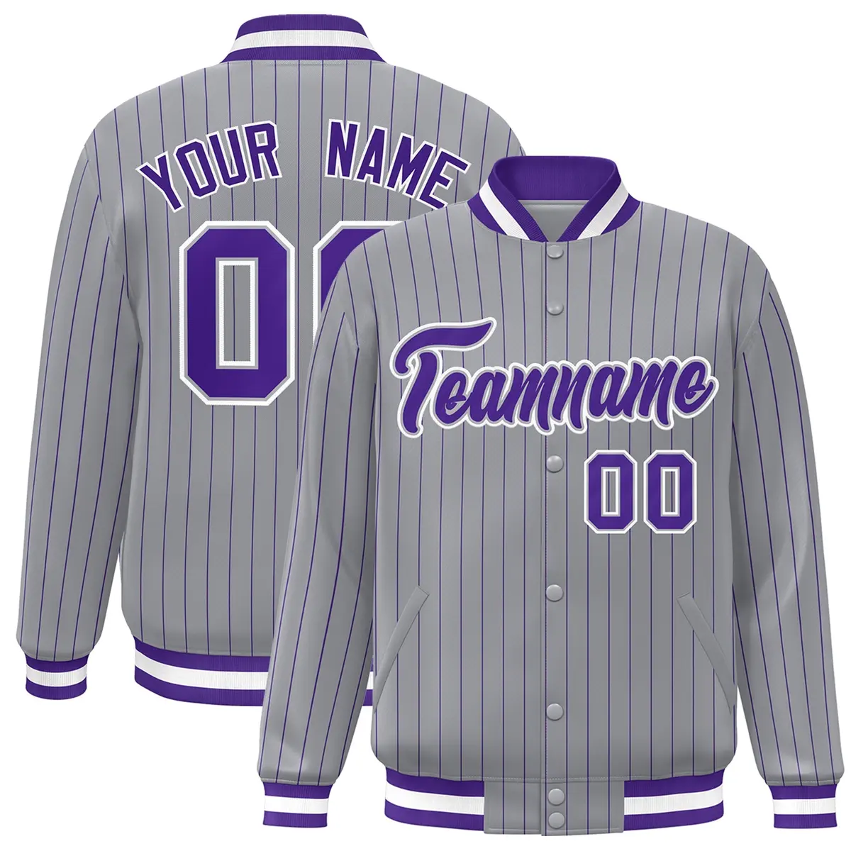 Gray Purple-White Stripe Letterman Bomber Varsity Jacket