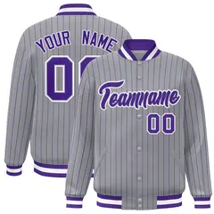 Gray Purple-White Stripe Letterman Bomber Varsity Jacket