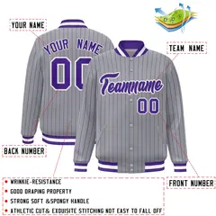 Gray Purple-White Stripe Letterman Bomber Varsity Jacket 2