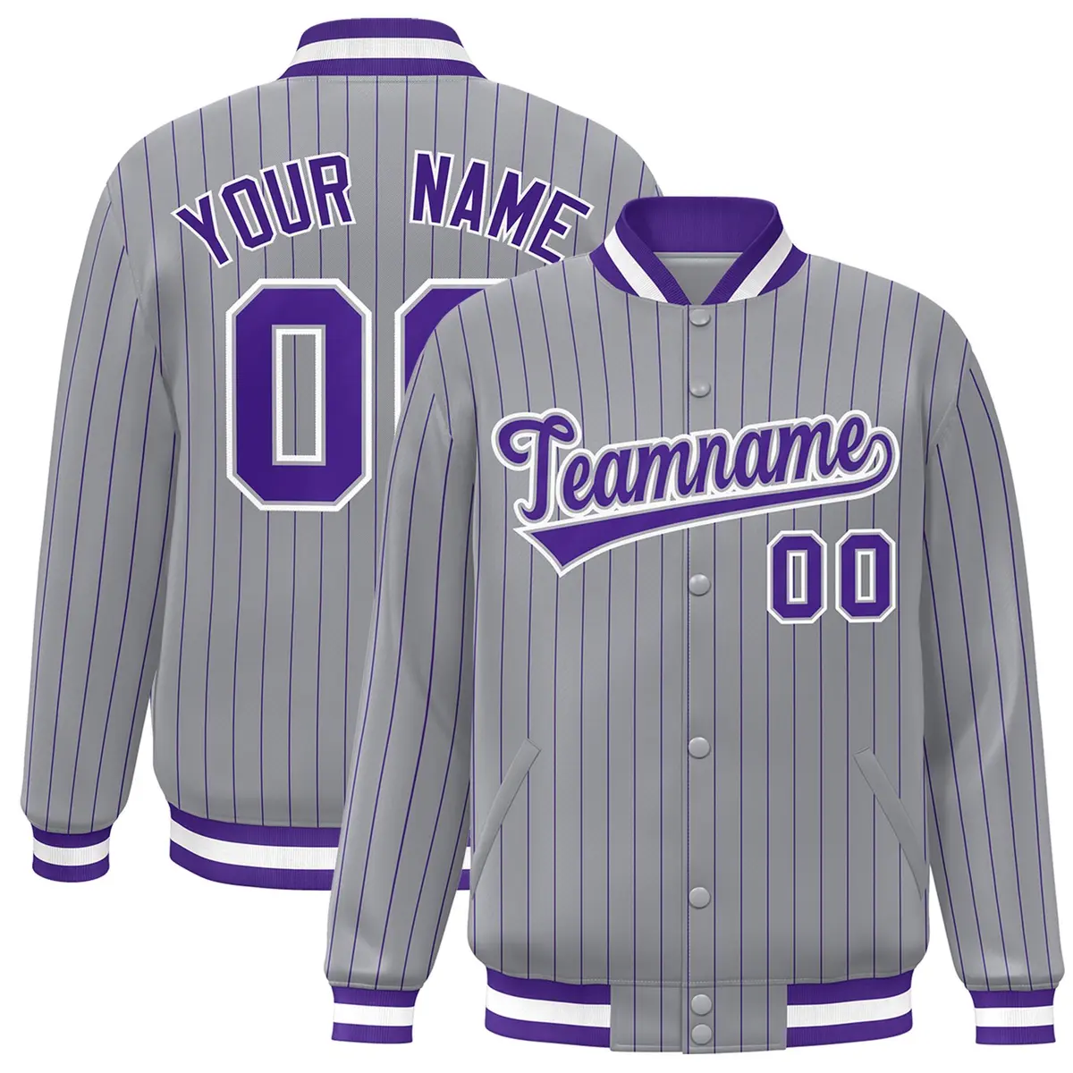 Gray Purple-White Stripe Letterman Bomber Varsity Jacket