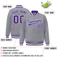 Gray Purple-White Stripe Letterman Bomber Varsity Jacket 2