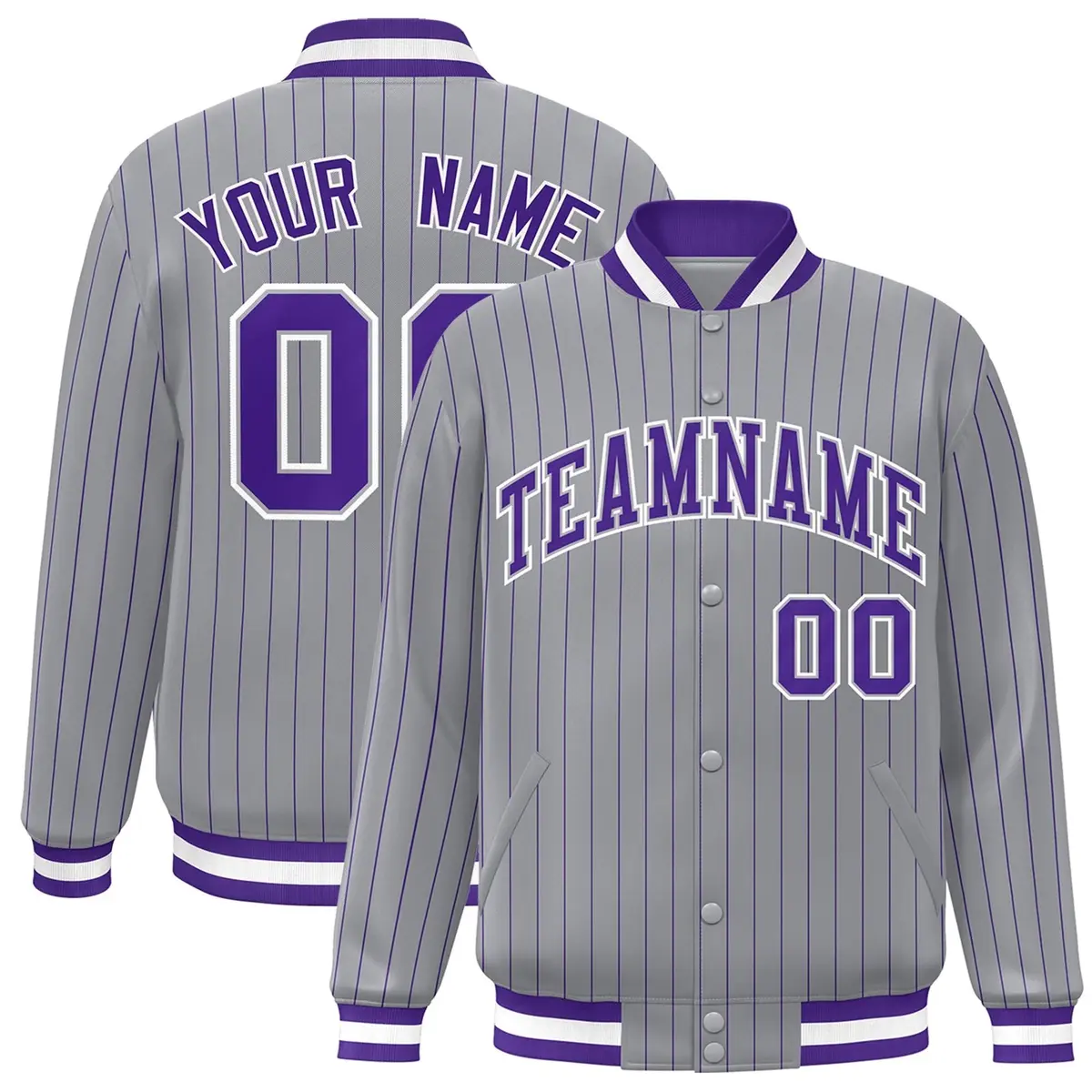 Gray Purple-White Stripe Letterman Bomber Varsity Jacket