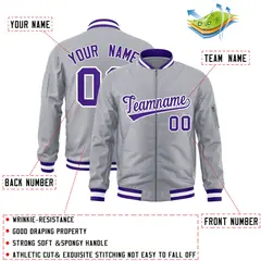 Gray Purple-White Varsity Full-Zip Letterman Bomber Jacket 2