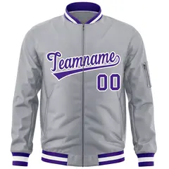 Gray Purple-White Varsity Full-Zip Letterman Bomber Jacket 3