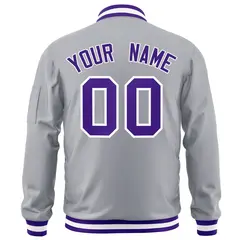 Gray Purple-White Varsity Full-Zip Letterman Bomber Jacket 4