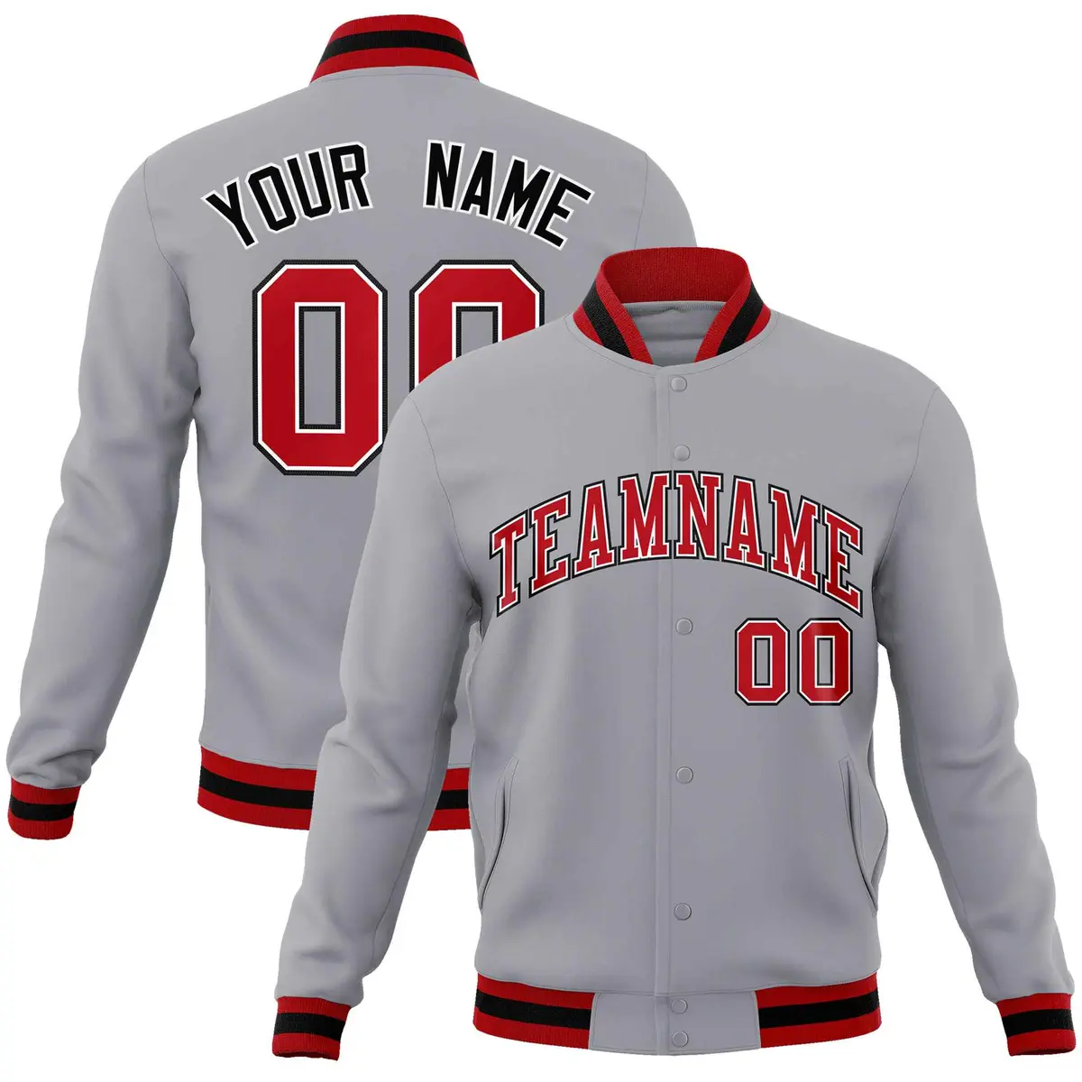 Gray Red-Black Classic Varsity Full-Snap Letterman Jacket