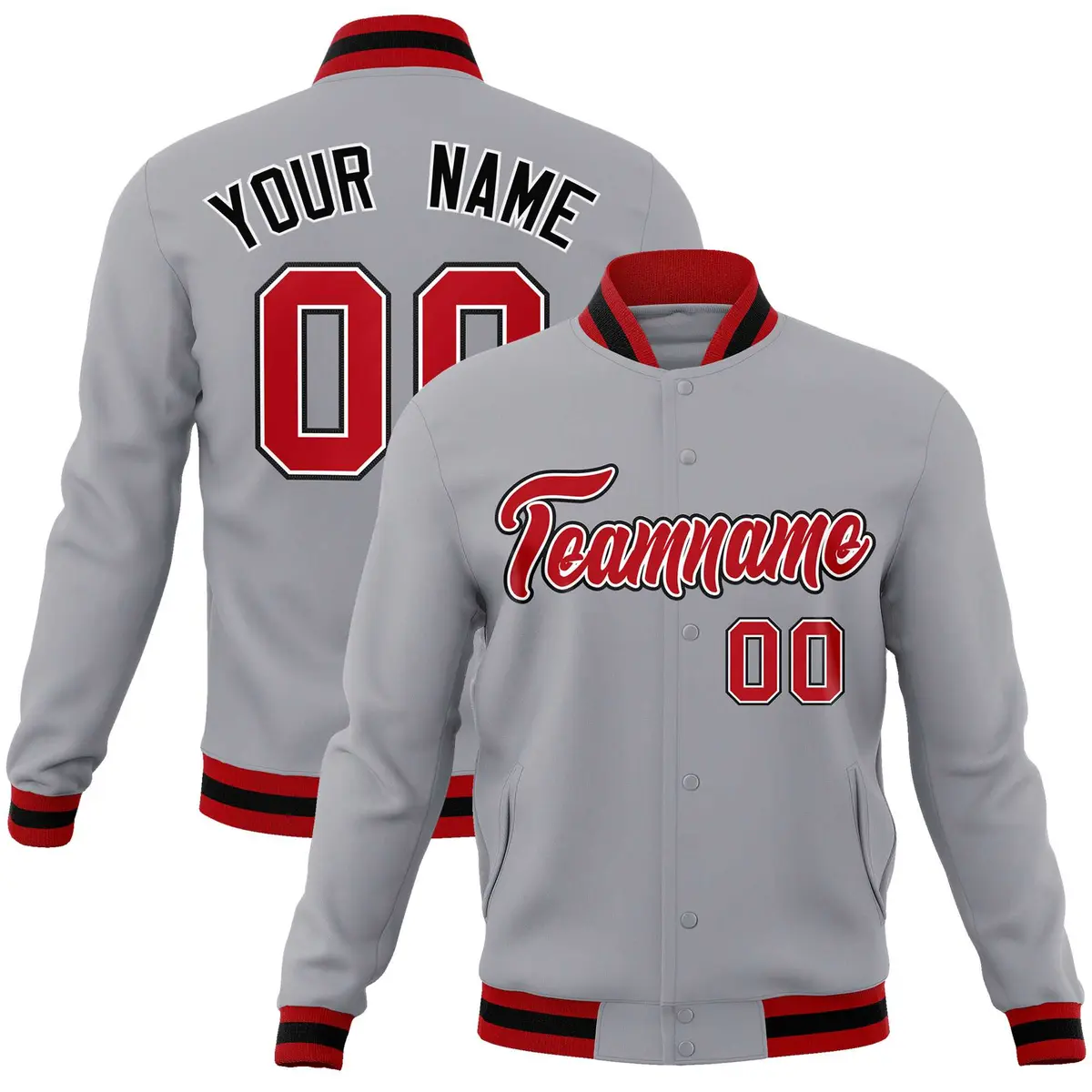 Gray Red-Black Classic Varsity Full-Snap Letterman Jacket